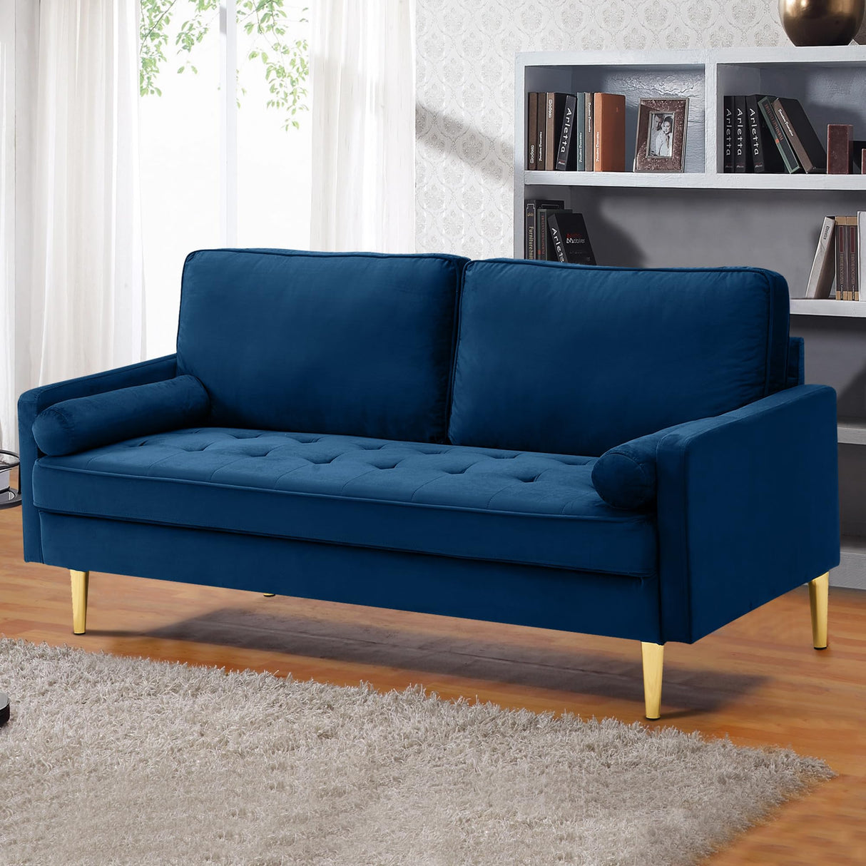 67" Modern Velvet Loveseat Sofa Couch, Mid-Century Tufted Upholstered Small Love Seat Couch with 2 Pillows & 4 Golden Legs, 2-Seats Couches for Compact Space, Living Room, Apartment (Navy)