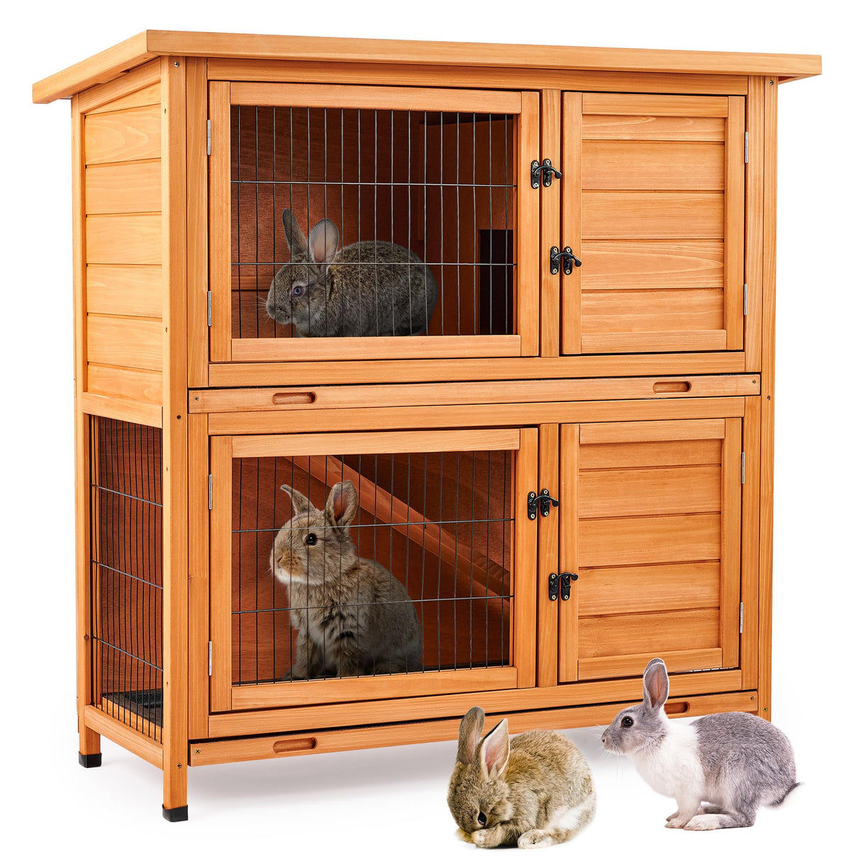 2 Story Wooden Rabbit Hutch for 2 Rabbits, Indoor Outdoor Bunny Cage