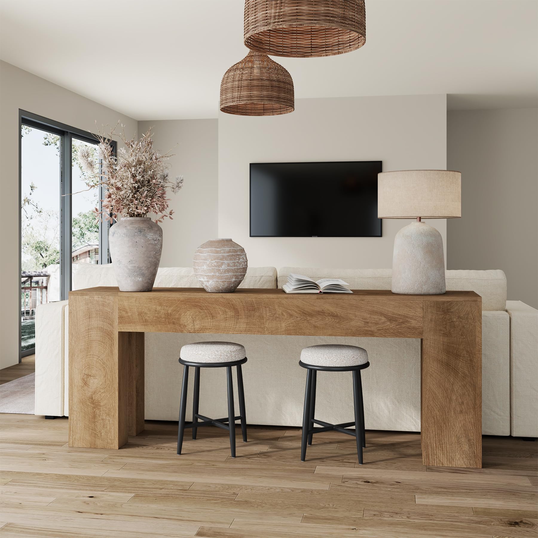 79-Inch Extra Long Console Table - Natural Oak Wood Entryway & Sofa Table