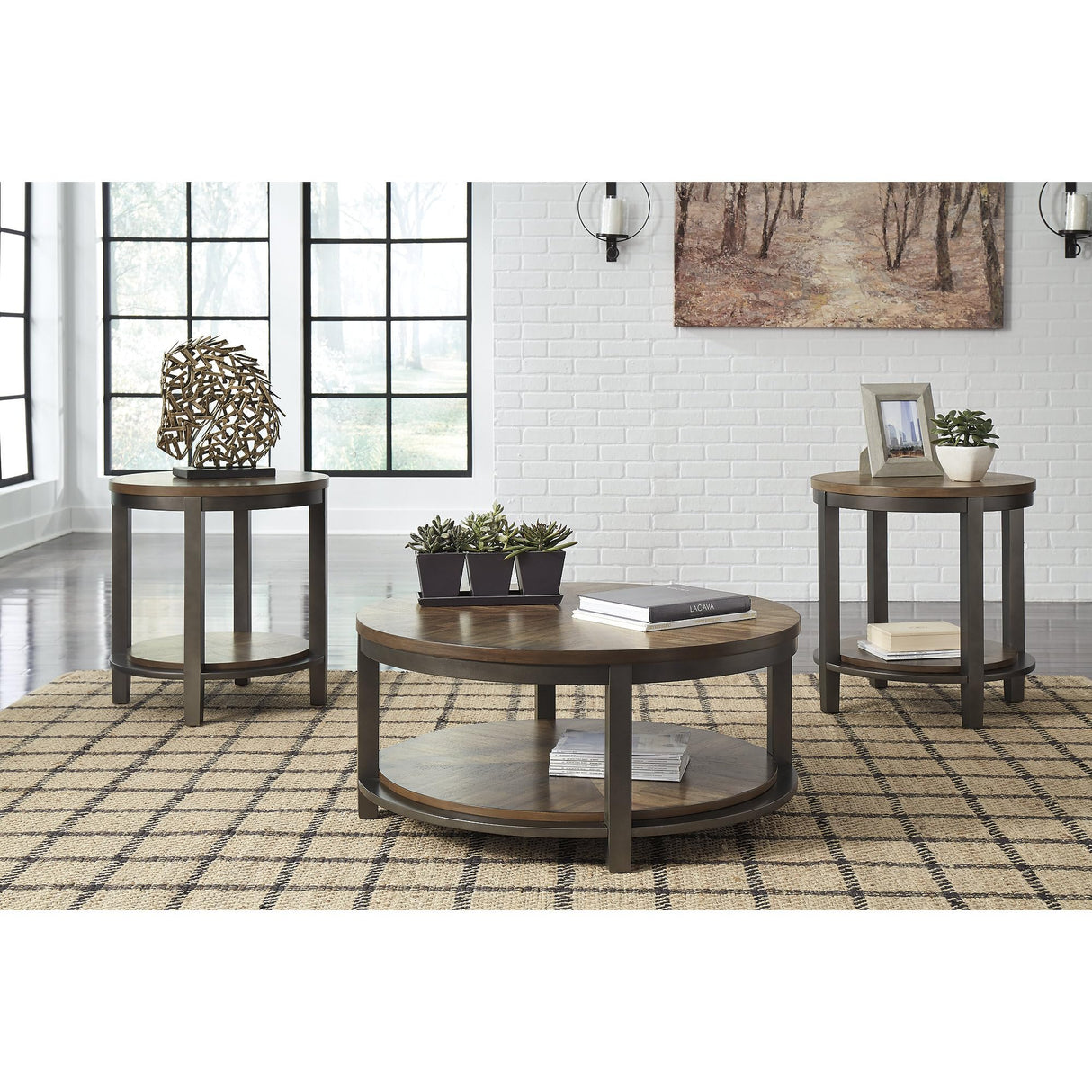 Roybeck Rustic Round 3-Piece Table Set, Includes 1 Coffee Table and 2 End Tables