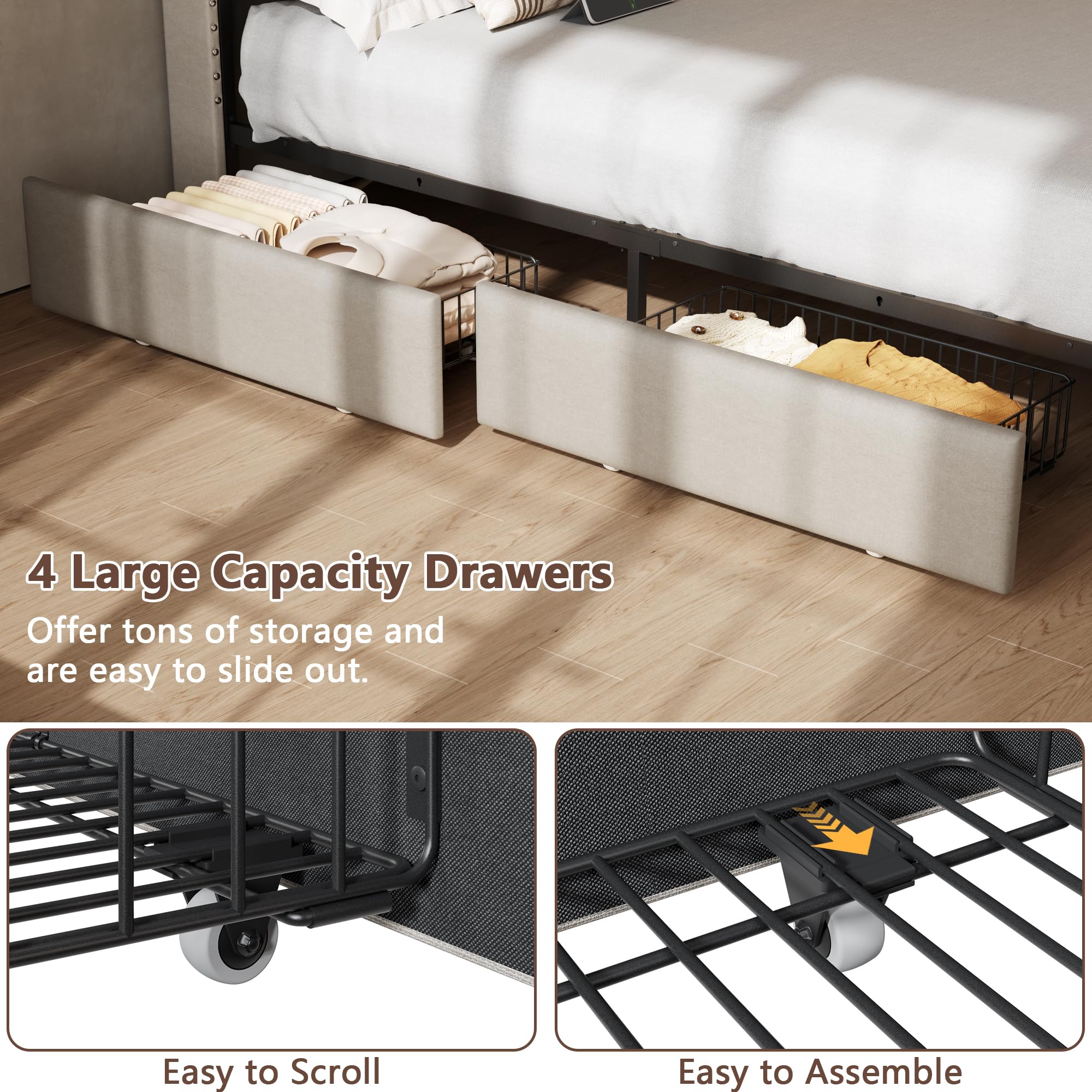 Queen Bed Frame with Storage Drawers, LED Lights & Charging Station
