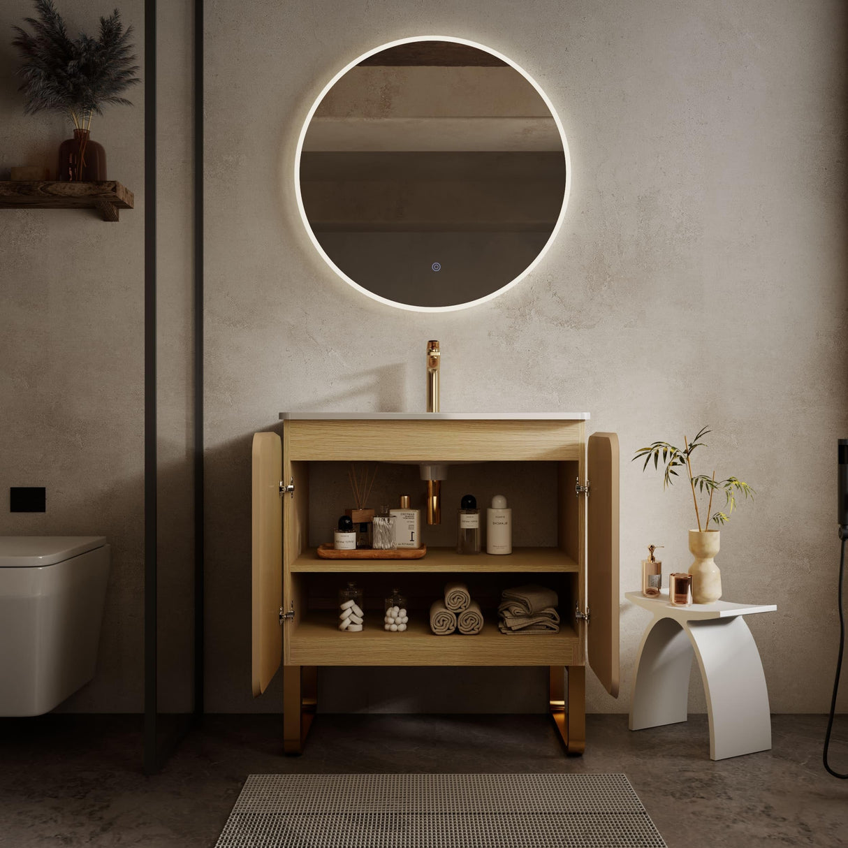 Natural Wood Bathroom Vanity Combo, Ceramic Sink Basin with Large Storage Cabinet