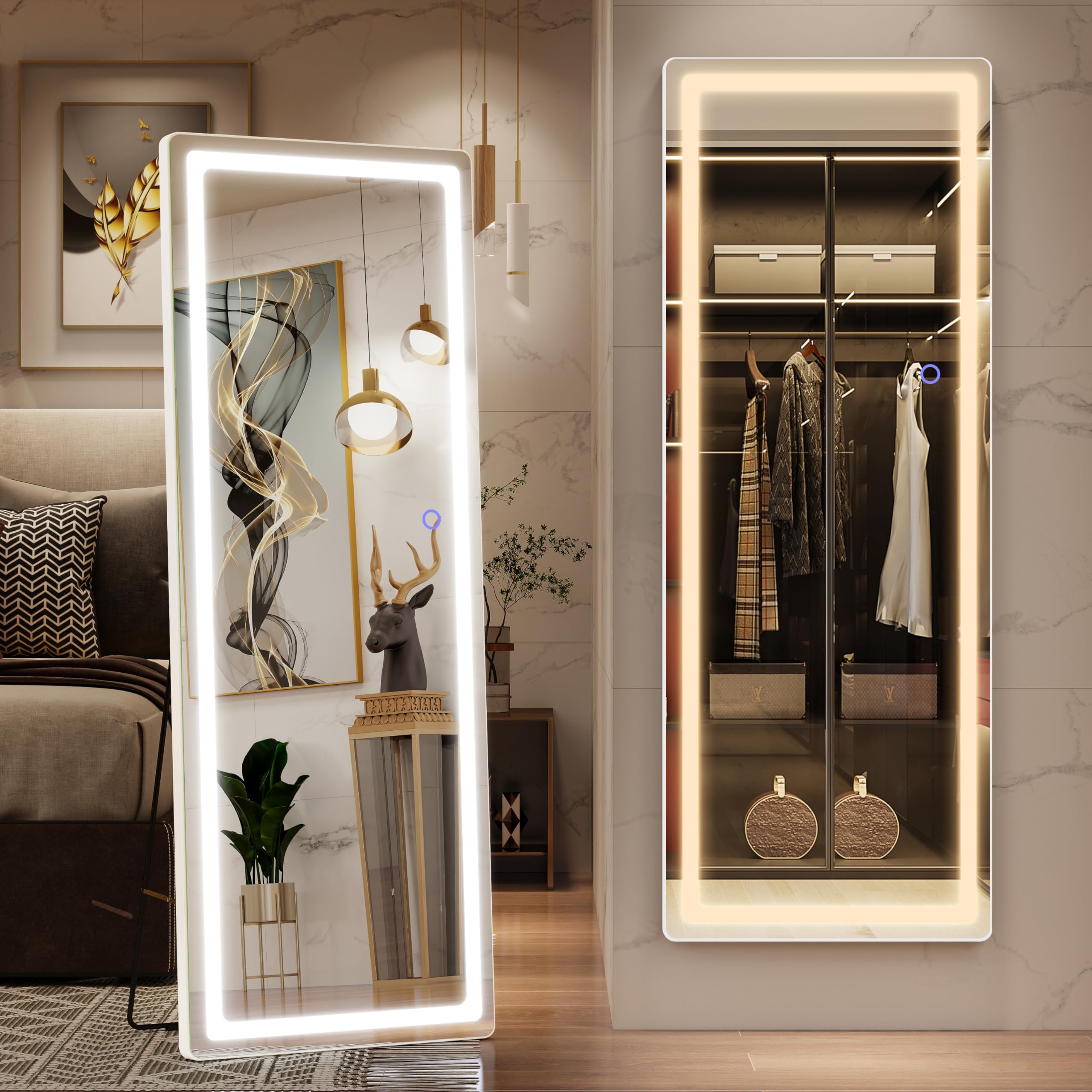 Full Length Mirror with Lights, 57" x 17" LED Full Body Mirror, Free Standing Lighted