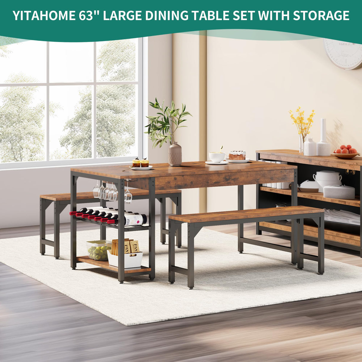 YITAHOME 63" 3 Piece Kitchen Dining Table Set for 4 with Bench & Storage, Farmhouse Rectangle Dining Room Dinner Table with Wine & Glass Holder for Space Saving, Rustic Brown