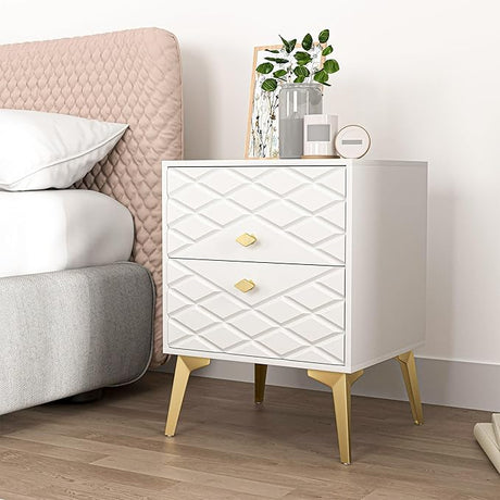 White Night Stands for Bedrooms Set of 2, Modern Bedside Table with 2 Drawers Storage, Wood Nightstand End Side Tables with Golden Metal Legs for Bedroom Living Room