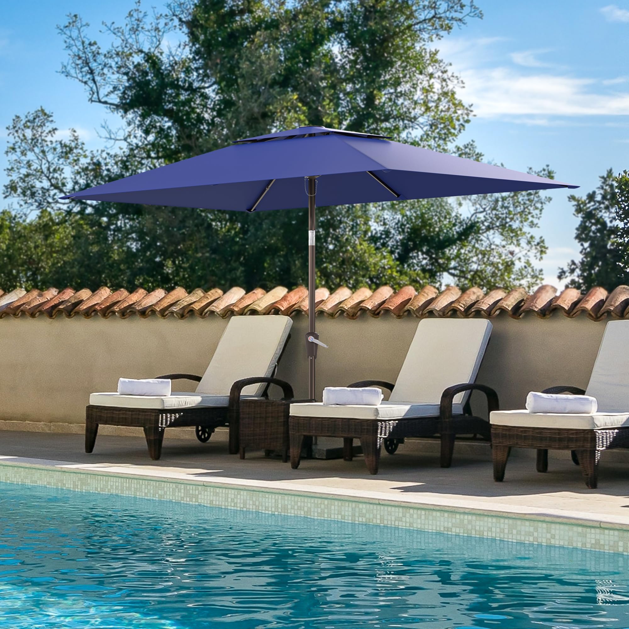 6.6x10ft Rectangular Patio Umbrella, 2 Tiers Outdoor Table Umbrellas with Push Button