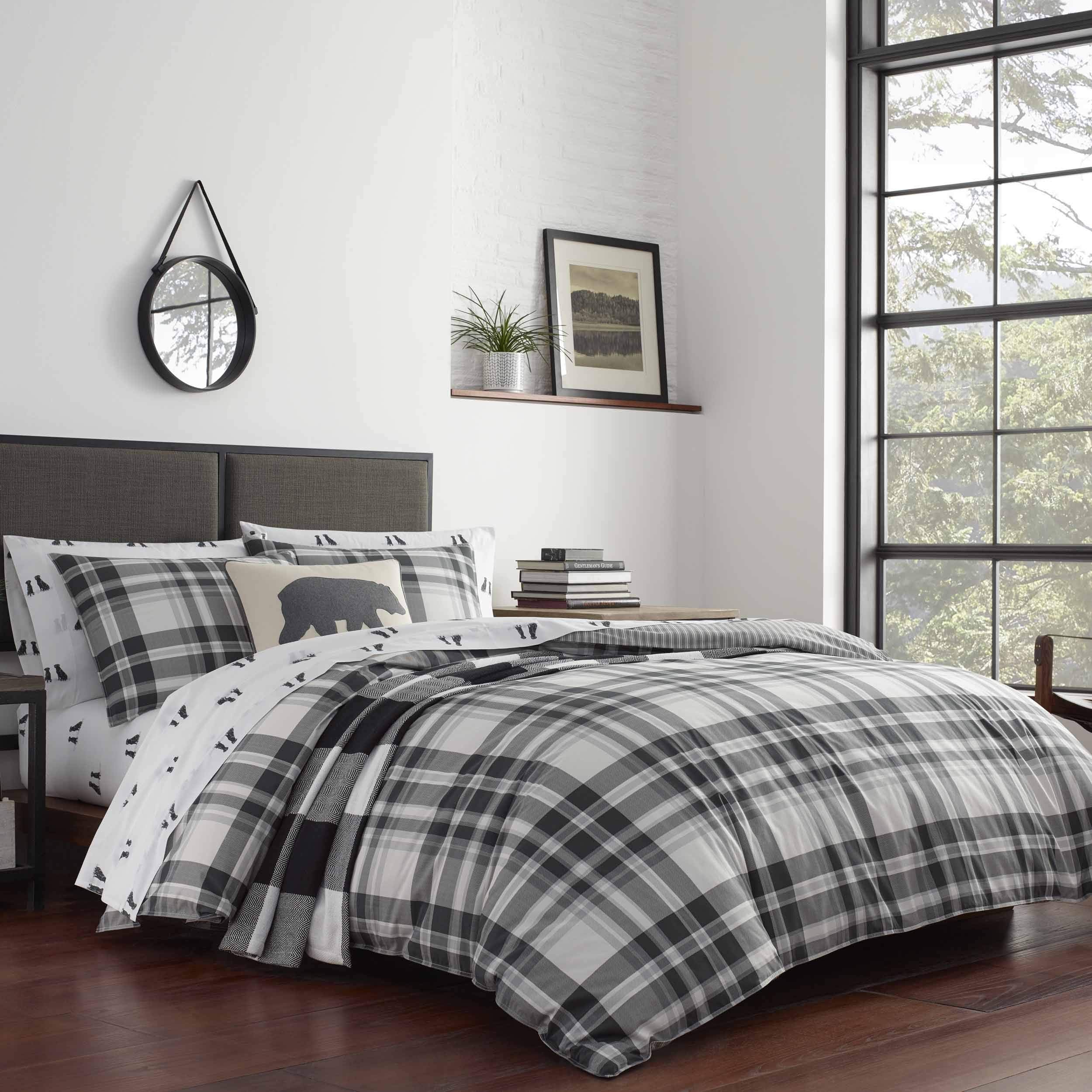 King Comforter Set - Cotton Reversible Plaid Bedding with Matching Shams