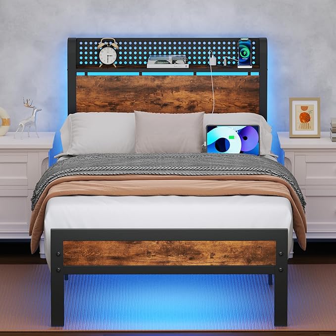 Full Bed Frame with LED Lights,Industrial Storage Headboard with Charging Station,USB Port,Under Bed Storage,Wood Platform with Strong Metal Support,No Box Spring Needed, Silent