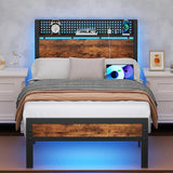 Full Bed Frame with LED Lights,Industrial Storage Headboard with Charging Station,USB Port,Under Bed Storage,Wood Platform with Strong Metal Support,No Box Spring Needed, Silent