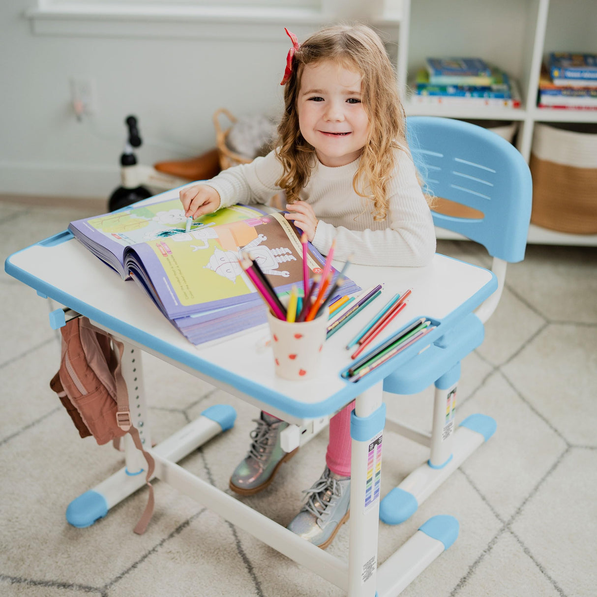 Desk and Chair Set, Height Adjustable Sturdy, Girl Desk, Kids Art Desk, Kids Study Desk and Chair Set for Boys, Home School, Drafting Desk, Ergonomic Childrens Storage Drawer Blue