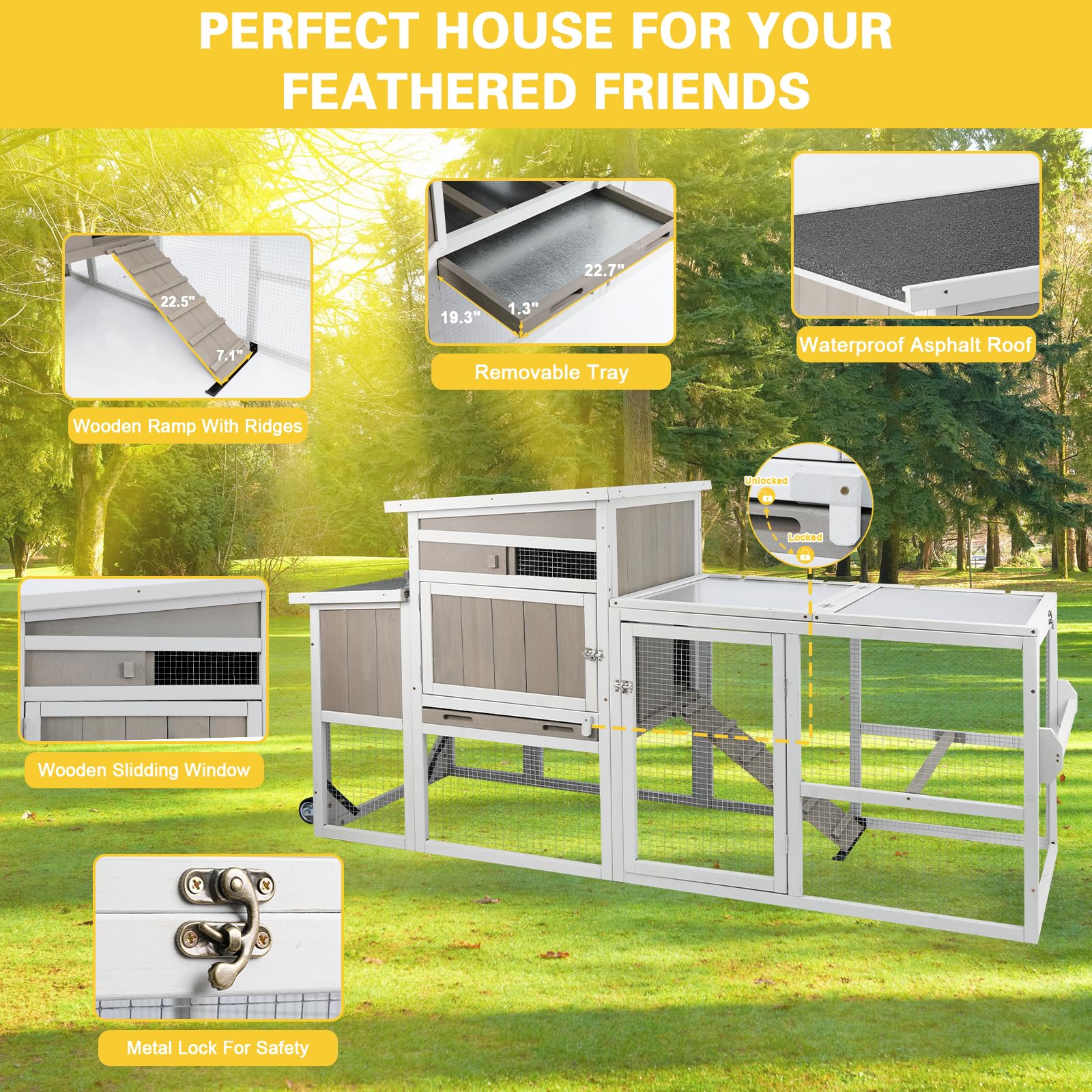 Gowoodhut Chicken Coop Mobile Wooden Hen House with Nesting Box,75" L Outdoor Chicken House with Wheels and Removable Tray,Fir Wood Chicken Tractor with 4 Ventilation Door and Ramp,Grey