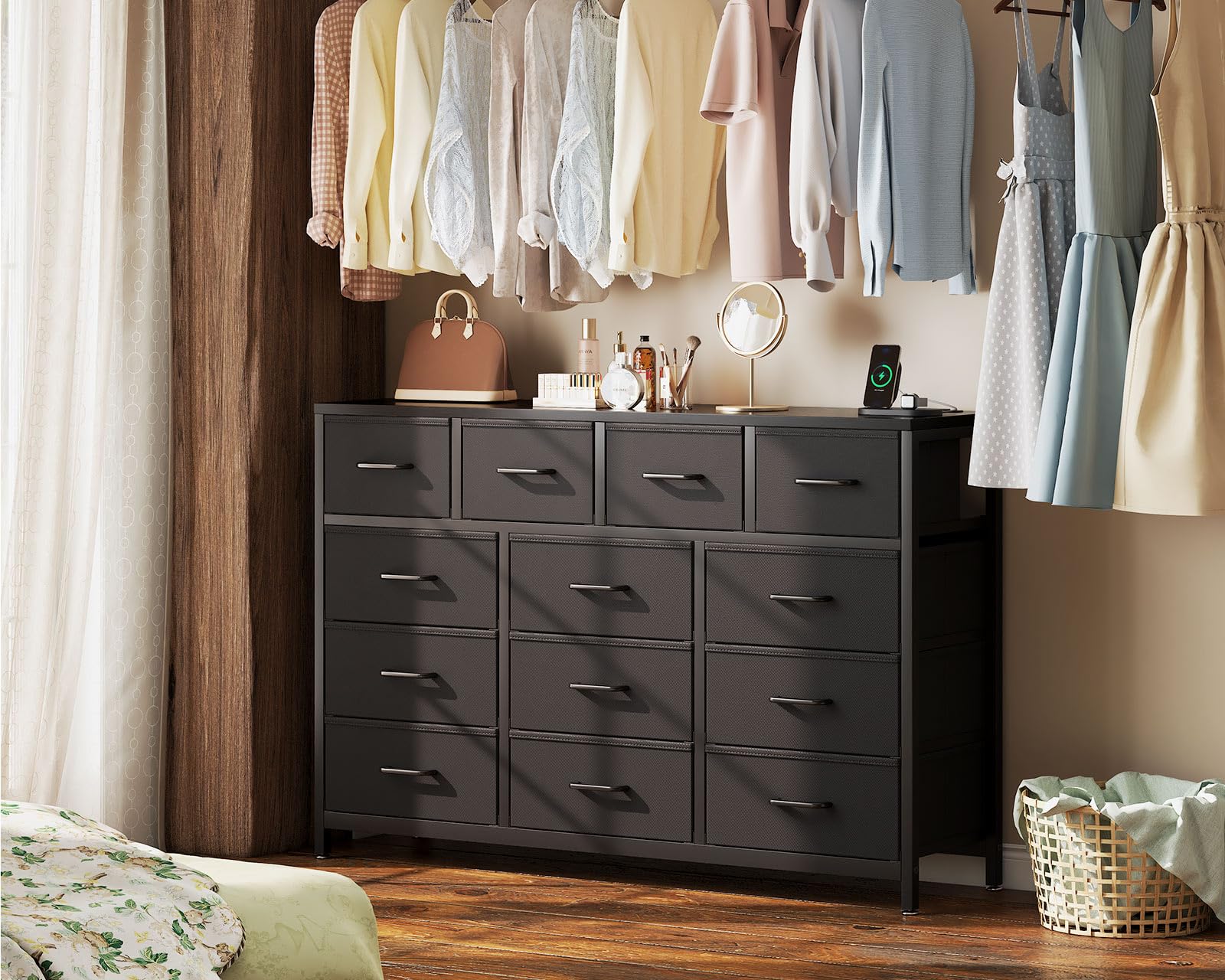 Bedroom with Charging Station, 57" Long Dresser with 13 Storage Drawers, Large