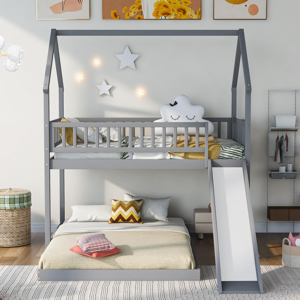 Twin Over Full Bunk Bed with Slide and Built-in Ladder, House Shaped Solid Wood Bunk Beds with Full-Length Guardrail for Kids,Teens, Adults, No Box Spring Required, Gray