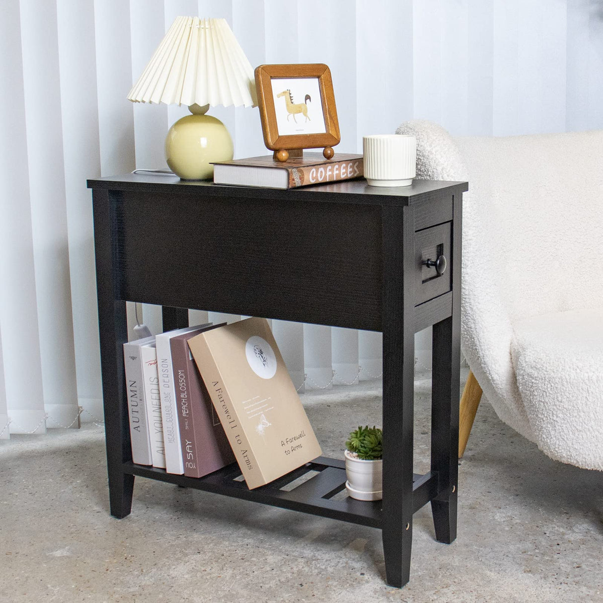 Narrow End Table, Black Side Table with Drawer, Slim Bed Side Table