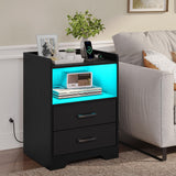 Nightstands Set of 2 with Charging Station and LED Lights, Modern Bedside Table