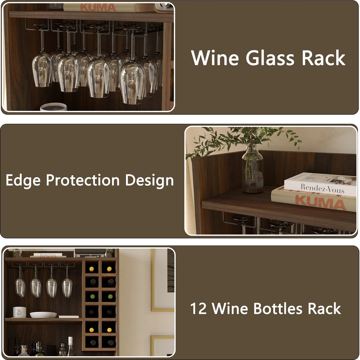 Wine Bar Cabinet for Liquor and Glasses with 12 Wine Bottle Racks