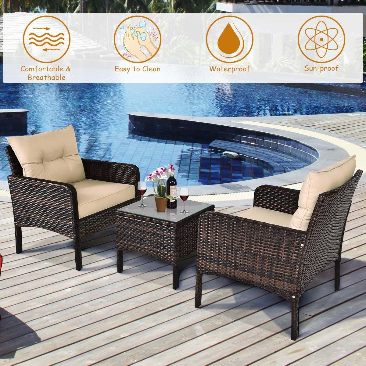 3 Piece Outdoor Patio Furniture Set for 2, Wicker Chairs with Glass Top Coffee Table