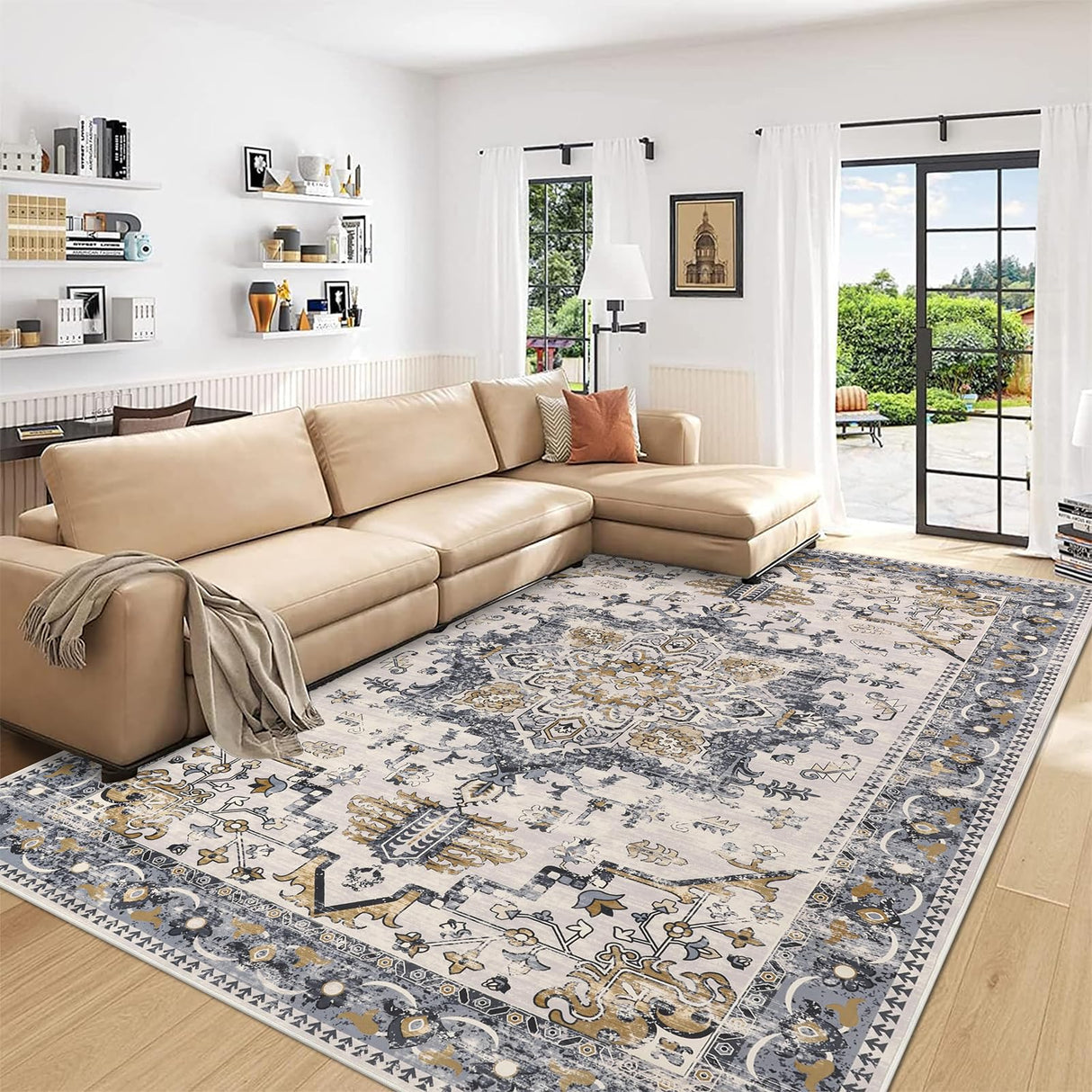 Washable Area Rug 6x9 - Non-Slip Boho Vintage Distressed Low Pile Carpet