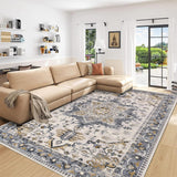 Washable Area Rug 6x9 - Non-Slip Boho Vintage Distressed Low Pile Carpet