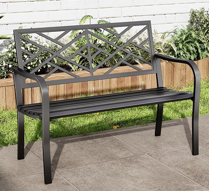 43.7 Inches Outdoor Garden Bench, Cast Iron Metal Frame Patio Park Outside Benches