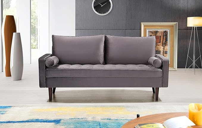 Modern Velvet Backrest Square Armrest Sofa Couch with 2 Pillows for Small Spaces Living Room Grey