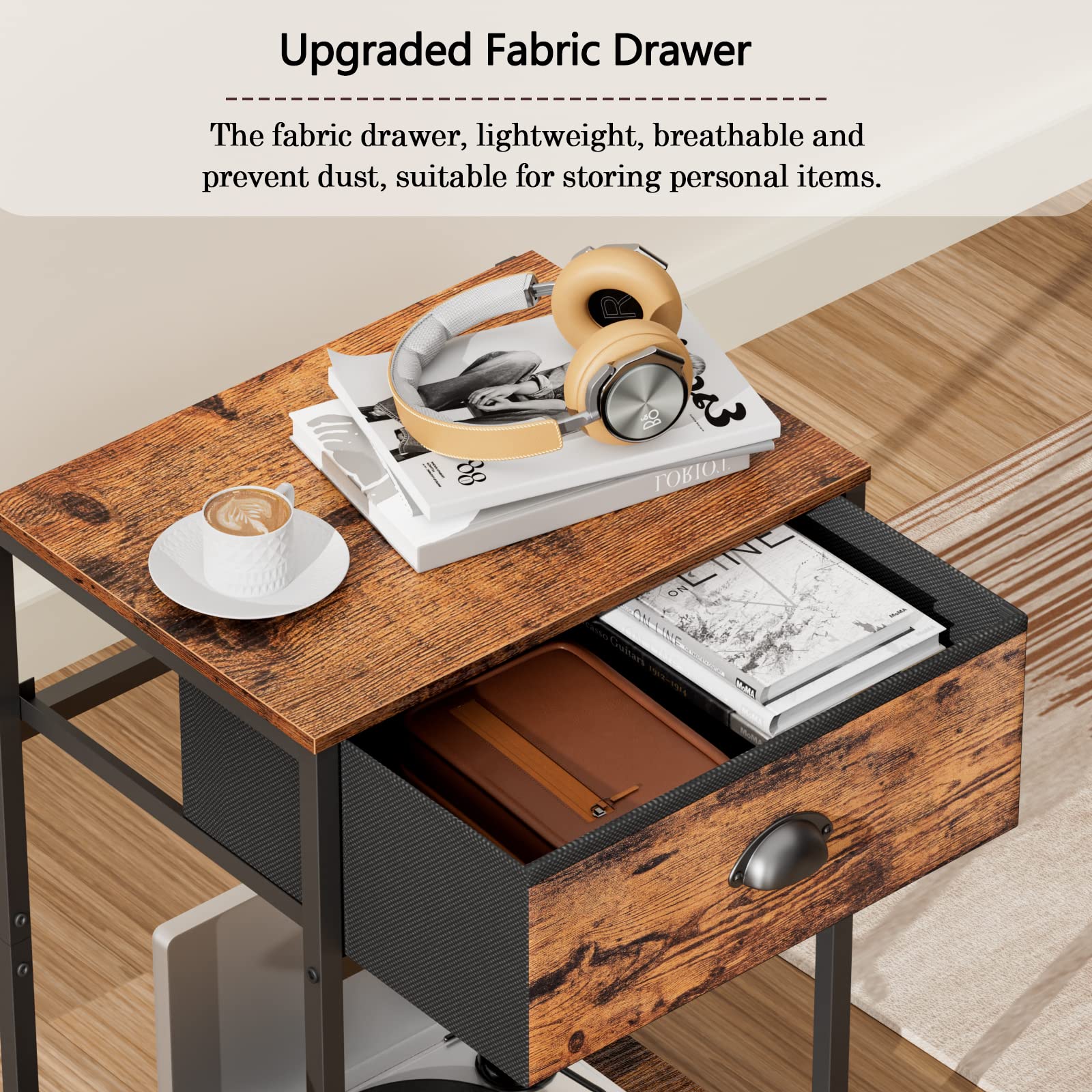 Nightstands Set of 2, Industrial End Table with Fabric Drawer and Storage Shelf