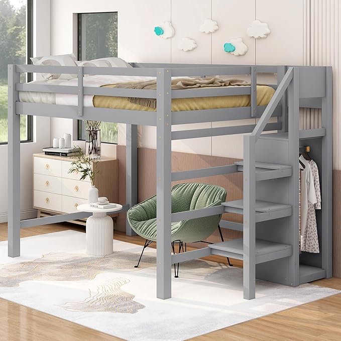 Full Loft Bed, Loft Bed Full Size with Storage Staircase and Wardrobe for Clothes, Wooden