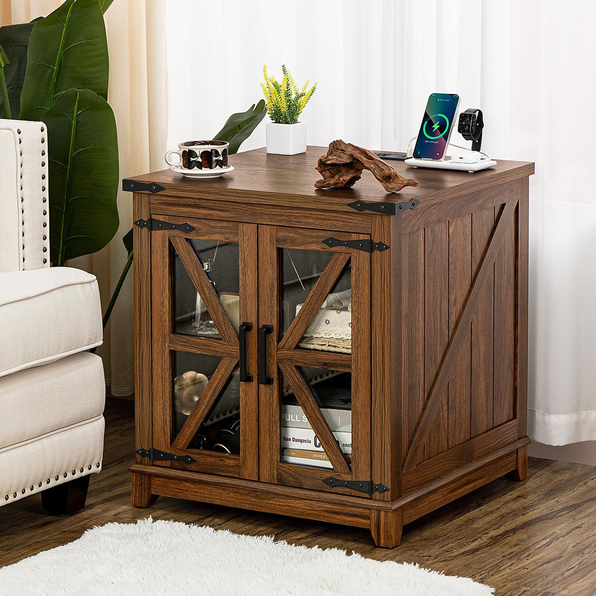 Farmhouse End Table with Charging Station, 24" Large Sofa Side Table