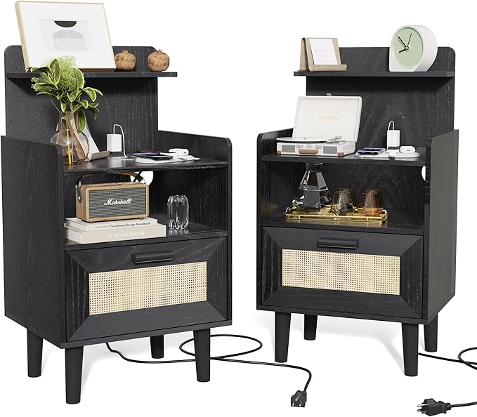 Nightstand with Charging Station, Small Bedside Table, Rattan Nightstand Set of 2