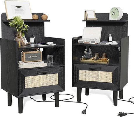 Nightstand with Charging Station, Small Bedside Table, Rattan Nightstand Set of 2