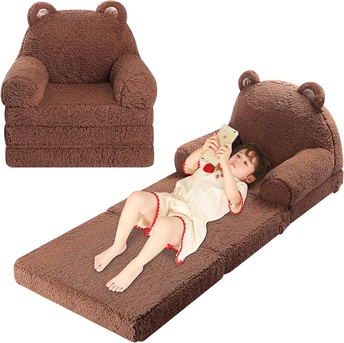 Foldable Kids Sofa, Sherpa Pink Teddy Bear Toddler Couch with Tri Folding Foam Cushions