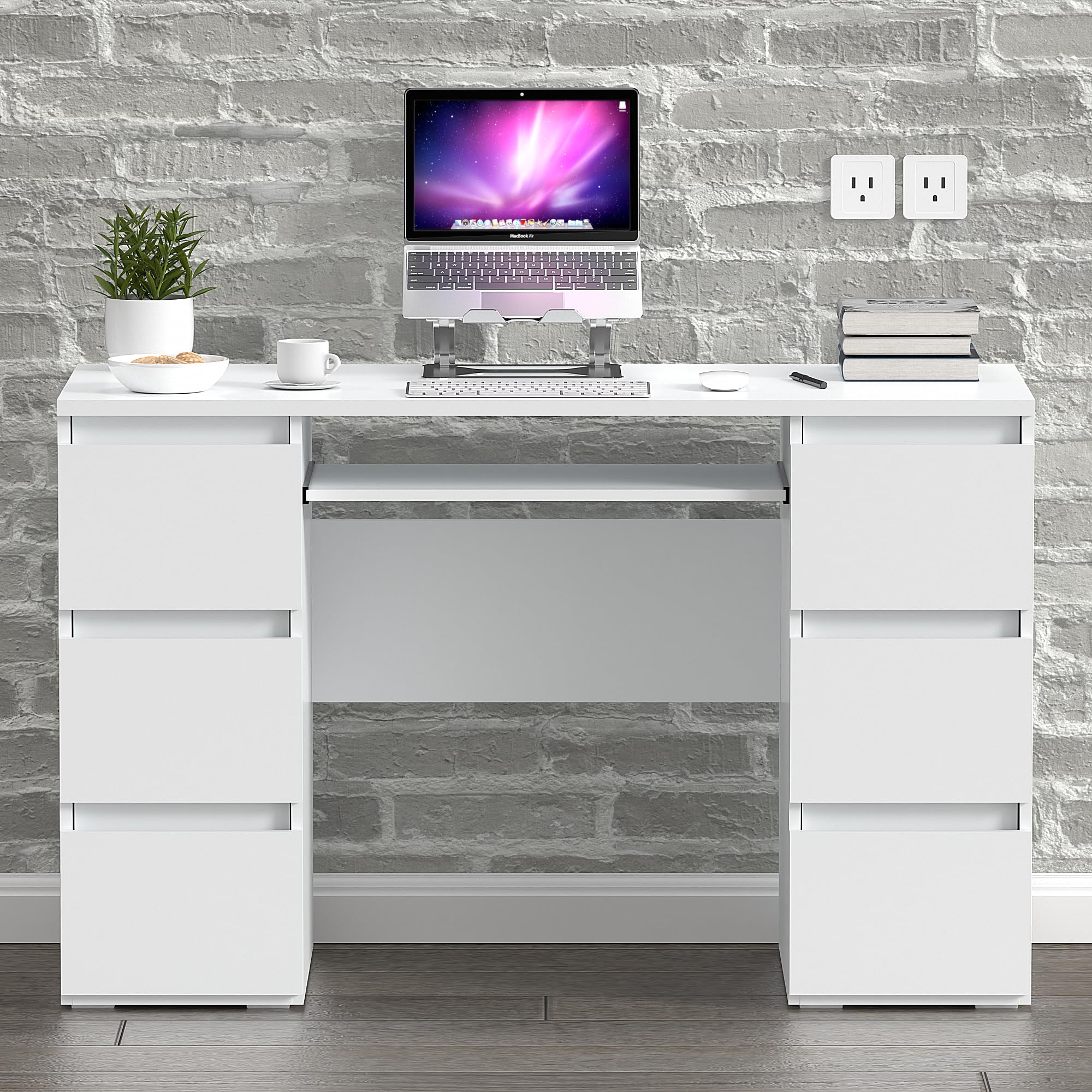Computer Desk with Storage Shelf and 6 Drawers, 47 inch Writing Home Office Workstation,