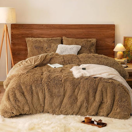 Shaggy Fluffy Faux Fur Duvet Cover Set King Size,Luxury Warm Plush Comforter