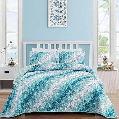 Coastal Quilt Set Queen Size, Blue Ocean Beach Themed Bedding Set Coral