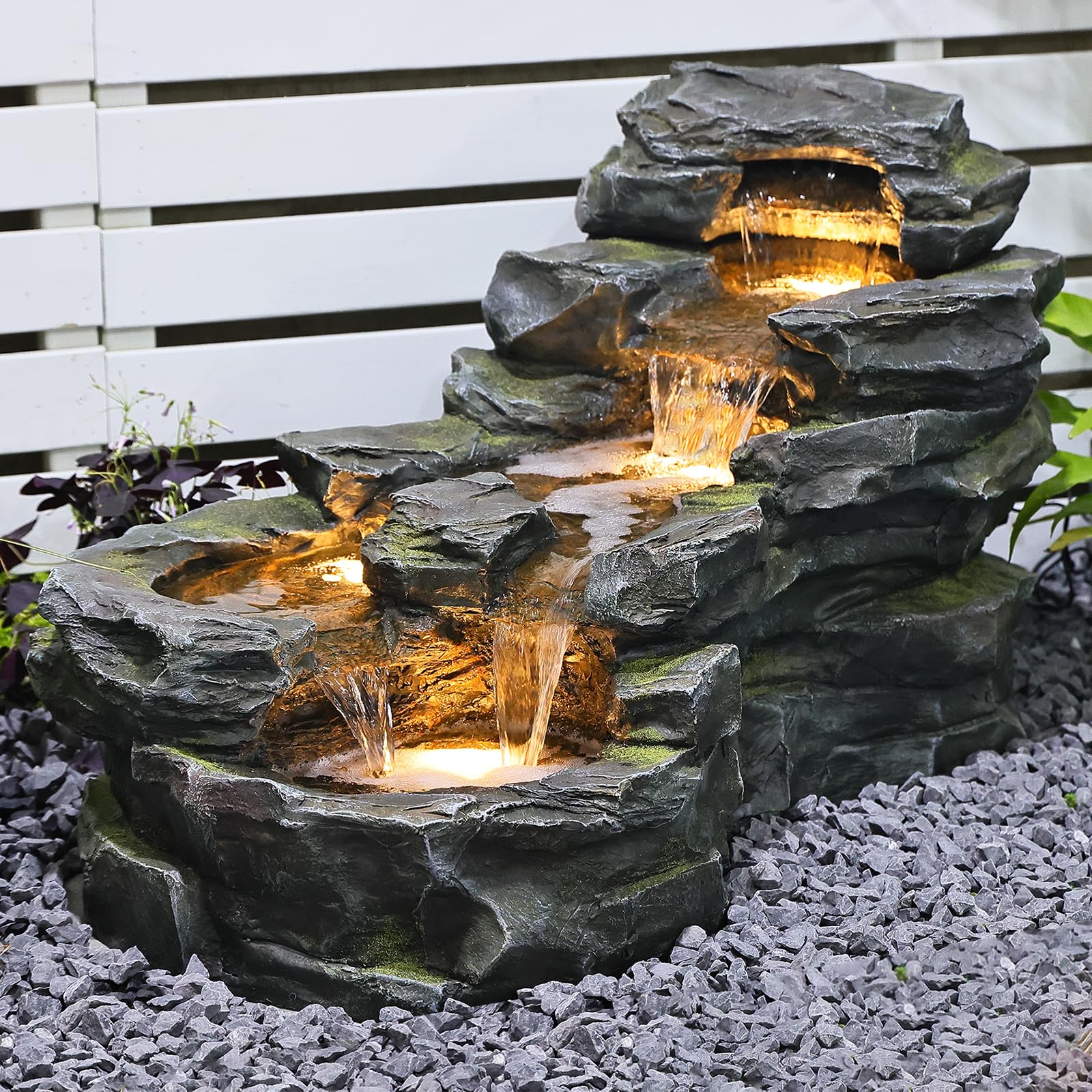 37" L Garden Outdoor Water Fountain, Floor Standing 5-Tiers Rock Natural Waterfall