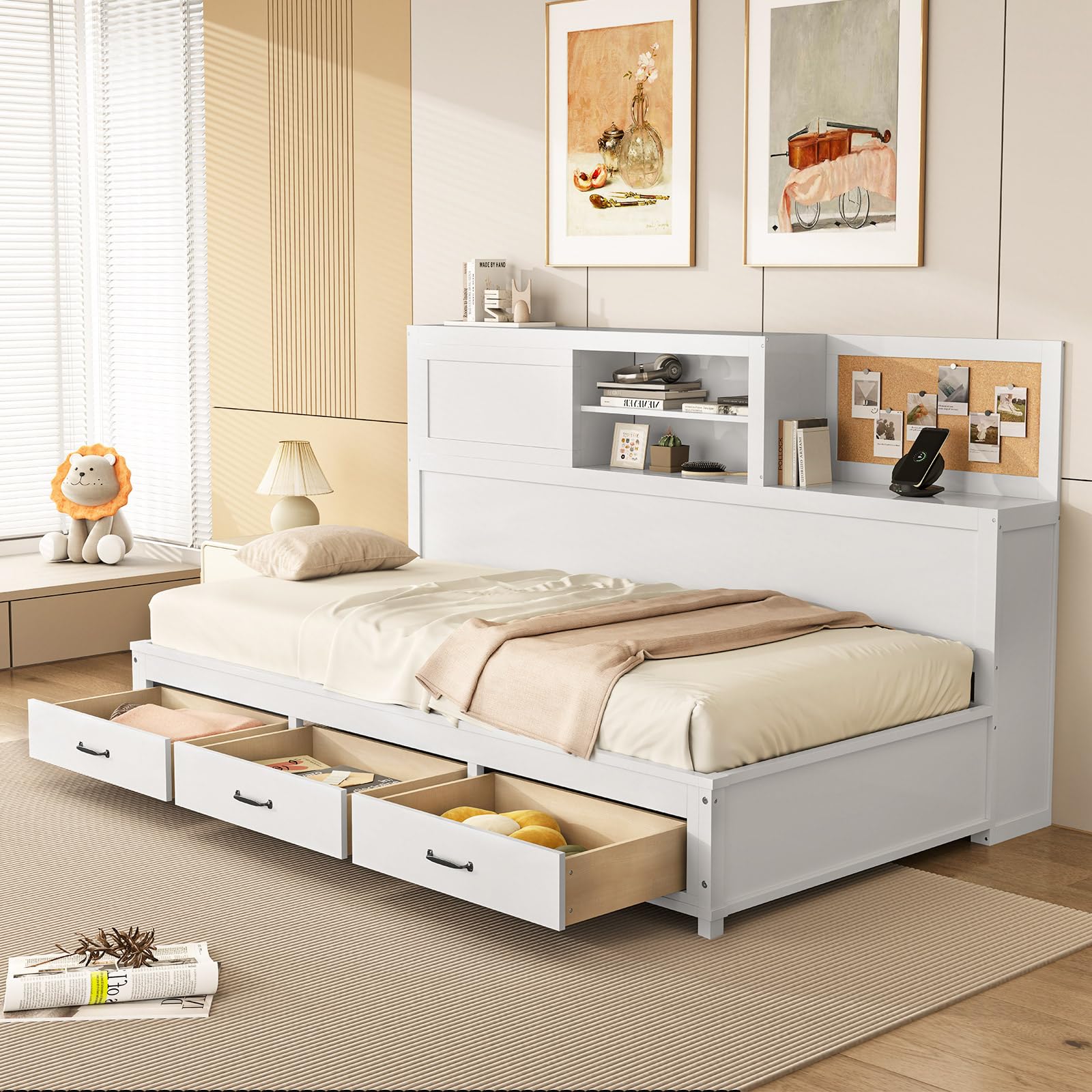 Storage, Wooden Day Bed with 3 Storage Drawers, Shelves, Cork Board & Sliding Door,