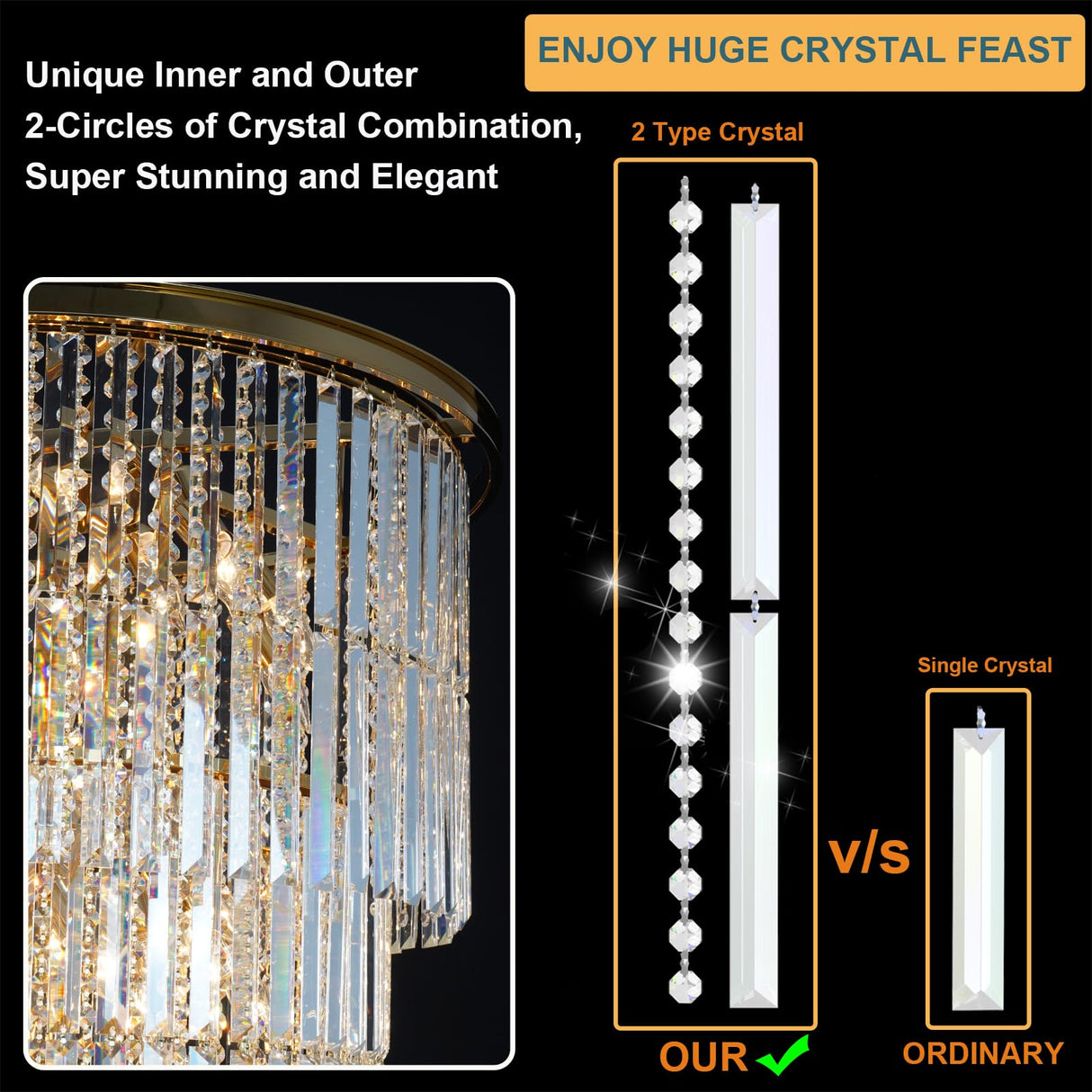 Large Long Crystal Chandelier for High Ceiling, 37-Lights Modern Gold Big Foyer Entrance Crystal