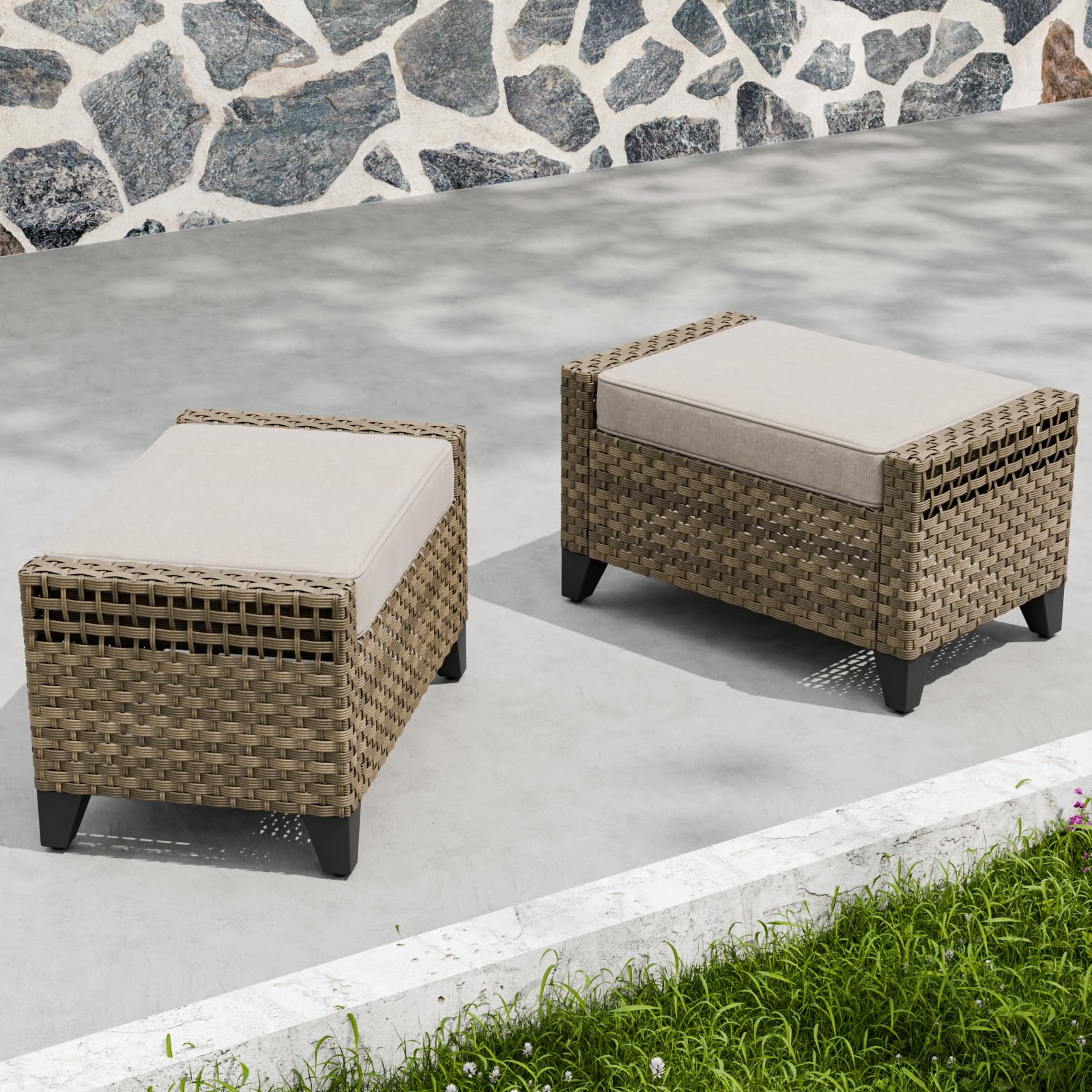 2 Pieces Modern Outdoor Wicker Patio Footstools
