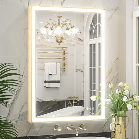 Black LED Bathroom Mirror 40” x 30” with Frontlit, 3X Ultra Brightness, 45° Angled Light,