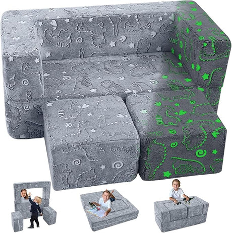 Modular Kids Play Couch Sofa – Glow in The Dark Star Design, Fold-Out Toddler Couch for Playroom Furniture, Grey