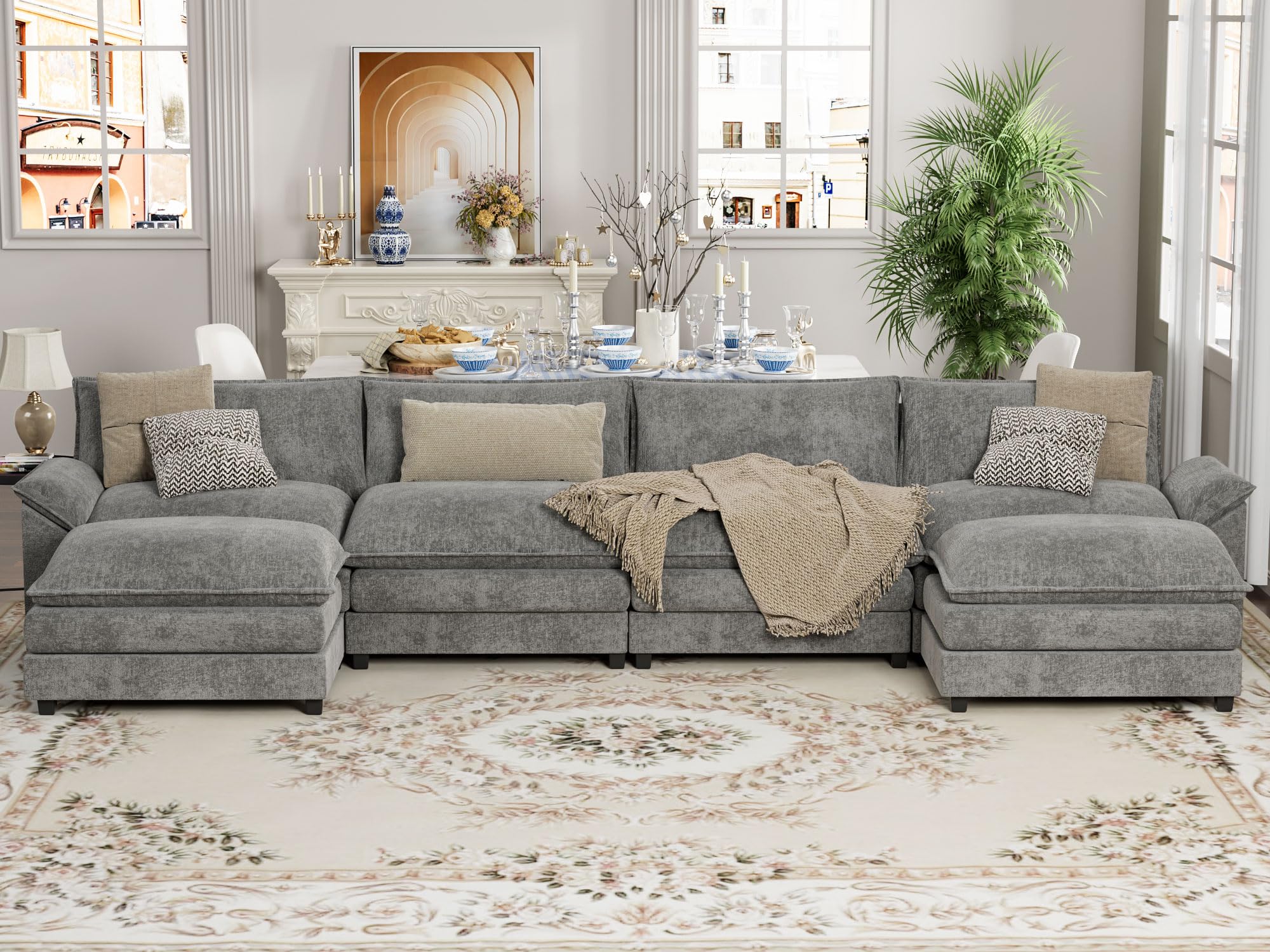 Sectional Modular Sofa U Shaped Chenille Fabric Couch
