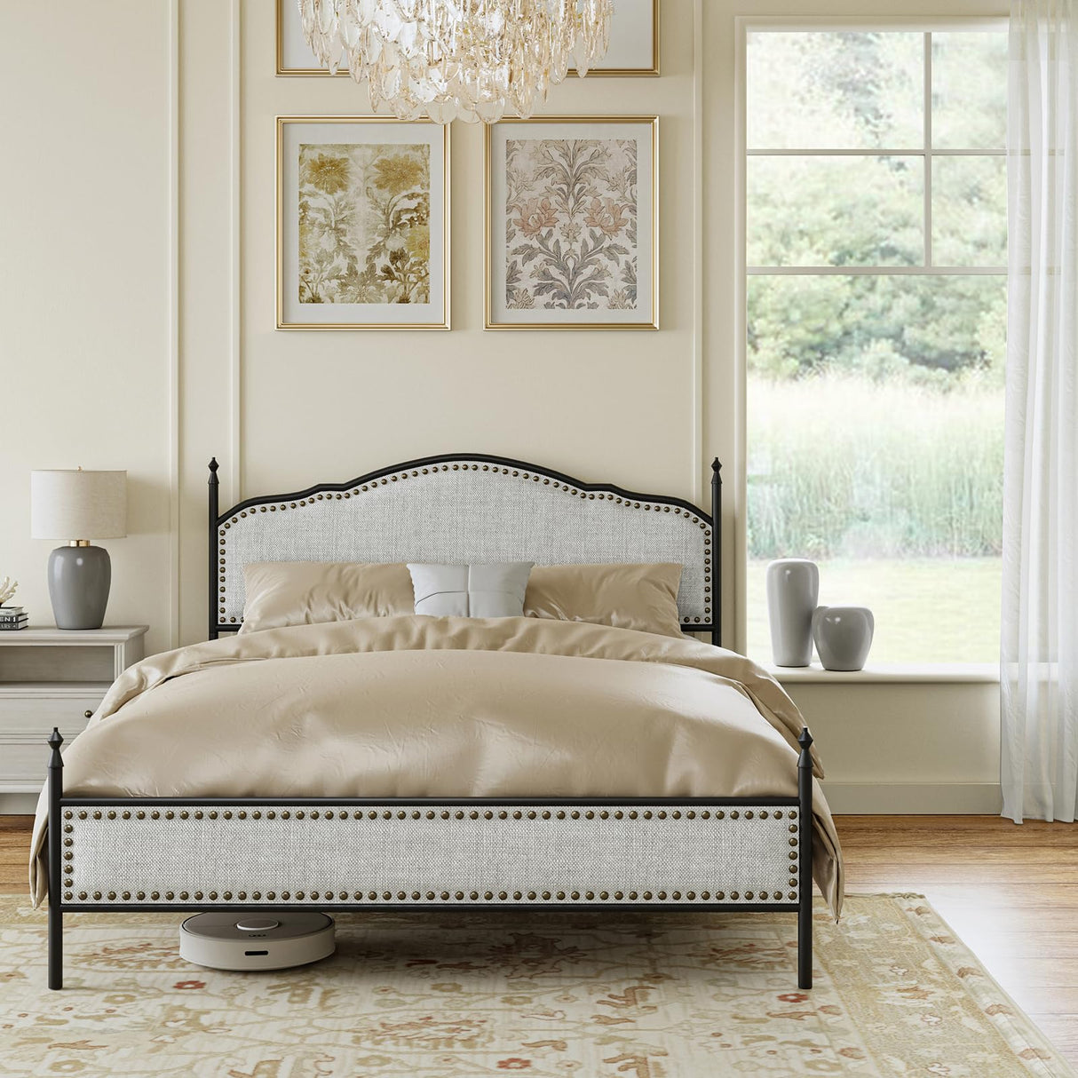 Queen Bed Frame with Headboard, Farmhouse Metal Platform Bed Linen Upholstered