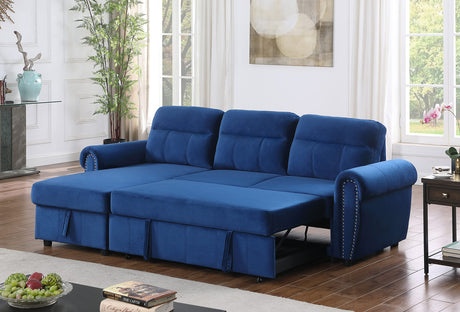 Ashton Blue Velvet Fabric Reversible Sleeper Sectional Sofa Chaise