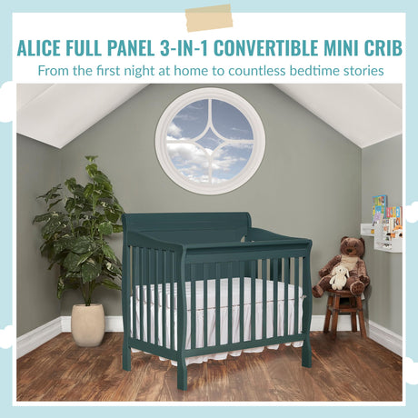 Alice 3-in-1 Full Panel Convertible Mini Crib, Olive, Greenguard Gold Certified