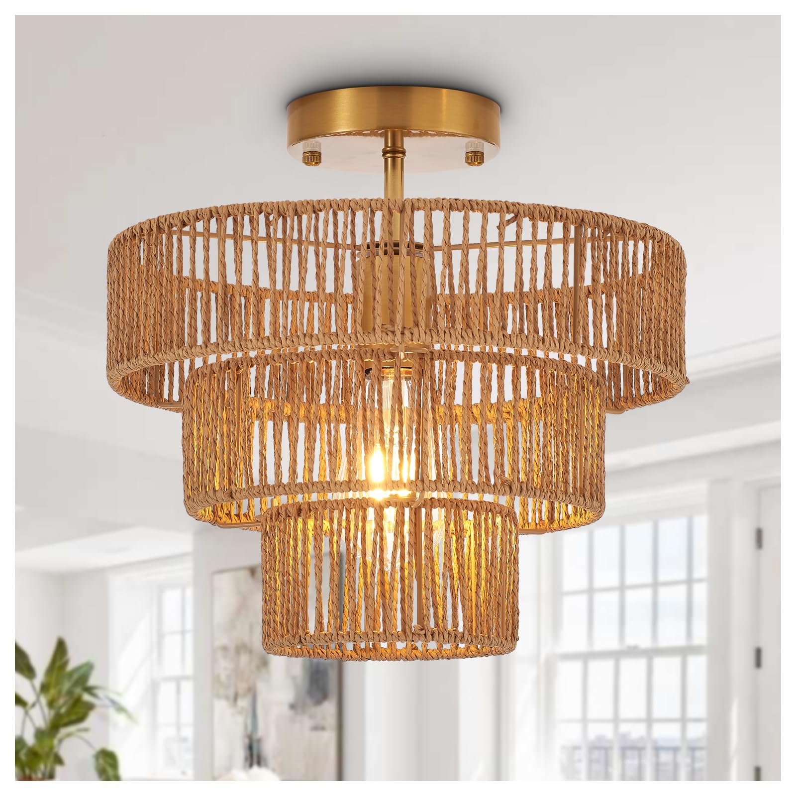 Hand-Woven Rattan Semi Flush Mount Ceiling Light Fixture Vintage Farmhouse Boho