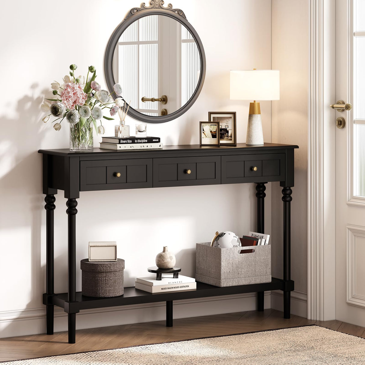 Console Tables with Drawers,47" Entryway Table with Shelf and Solid Wood Legs