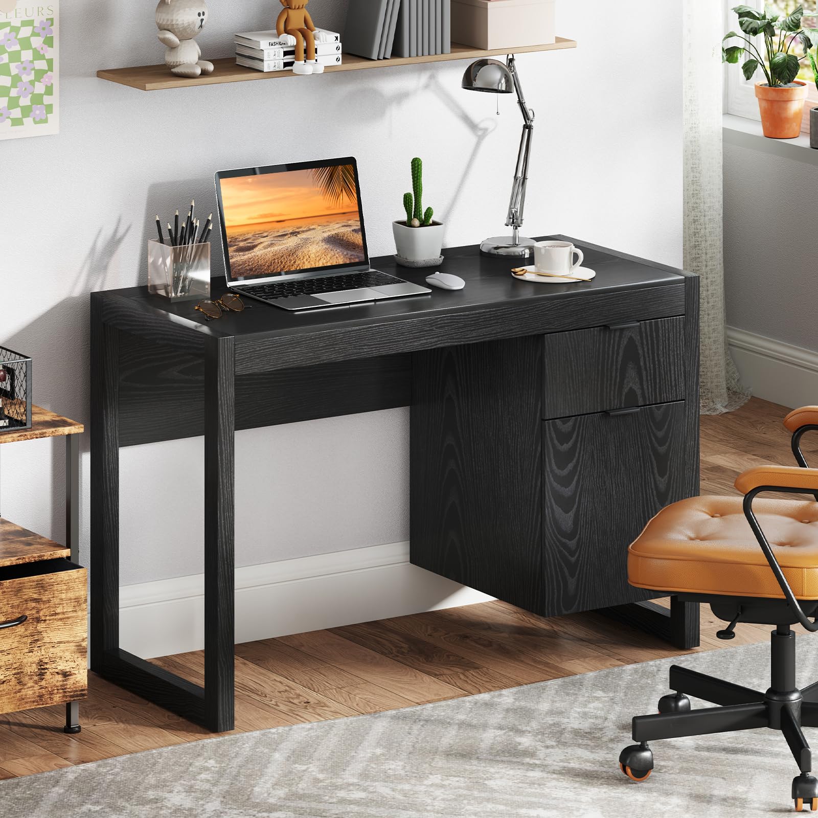 Computer Desk with Storage Cabinet & Drawer, White Wooden Home Office Desk
