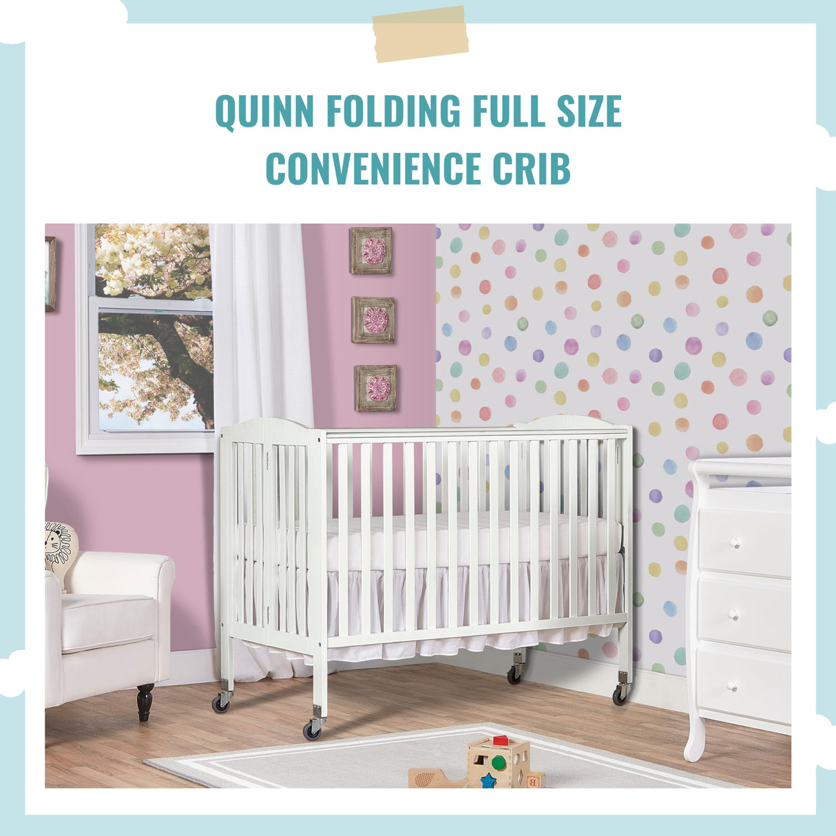 Folding Full Size Convenience Crib In White, Two Adjustable Mattress Height Positions,