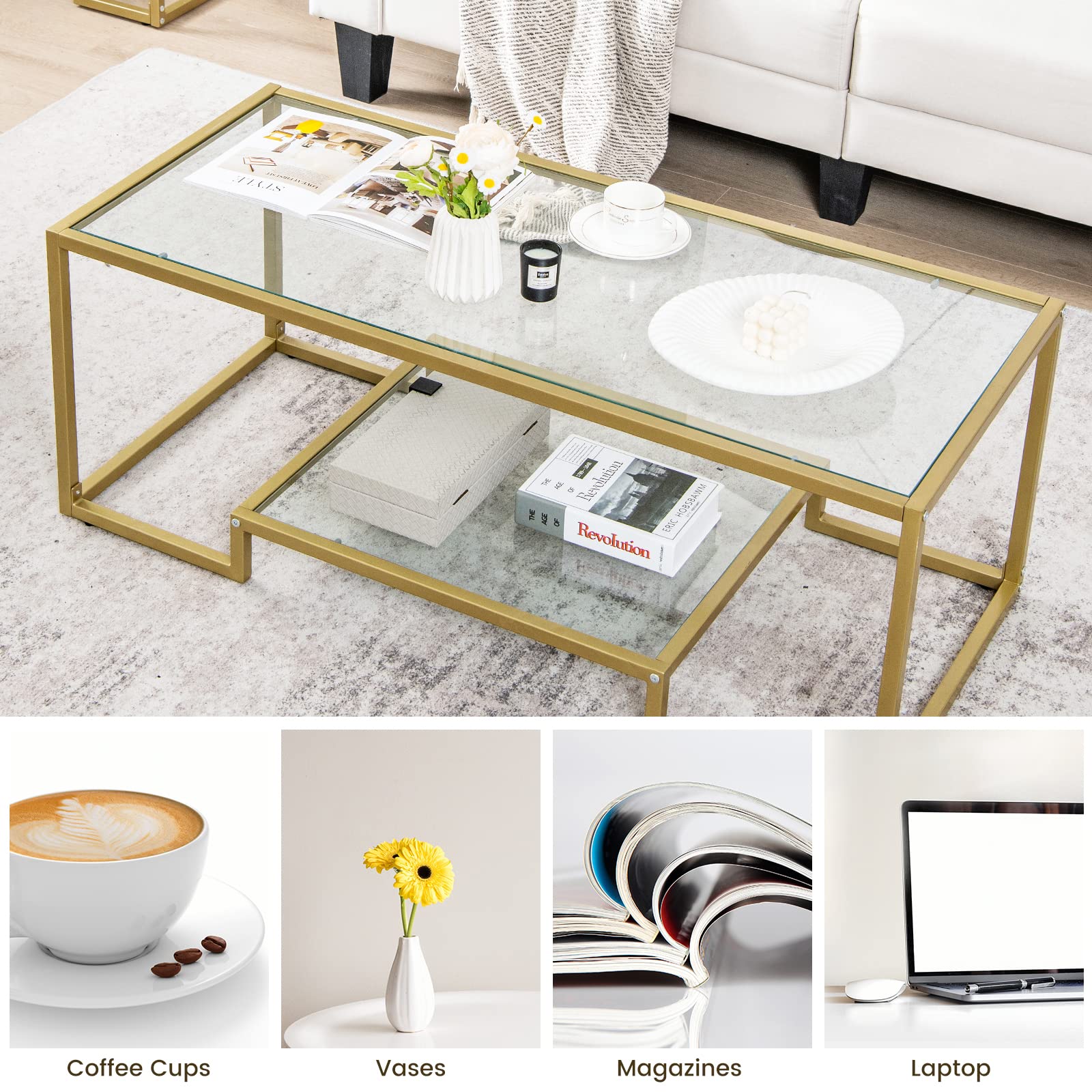 Rectangular Glass Coffee Table, 45" Wide Modern Tempered Glass Center Table