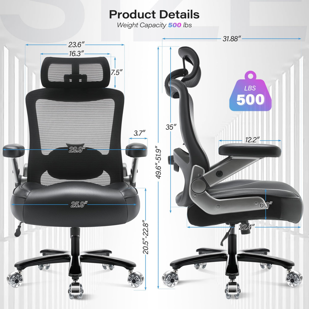 Big and Tall Office Chair- Heavy Duty Executive Computer Chair with 3D Flip Arms Large